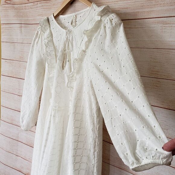 Anthropologie Eyelet Tie Neck 100% Cotton Summer Dress White Size 4 Round Neck - Picture 2 of 12